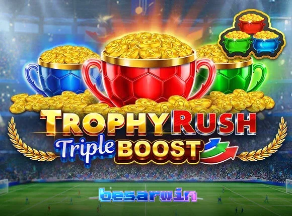 Tampilan visual slot Trophy Rush Triple Boost dengan tema stadion yang dinamis