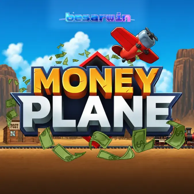 Tampilan visual pesawat dalam permainan Money Plane dengan latar belakang bertema industri.
